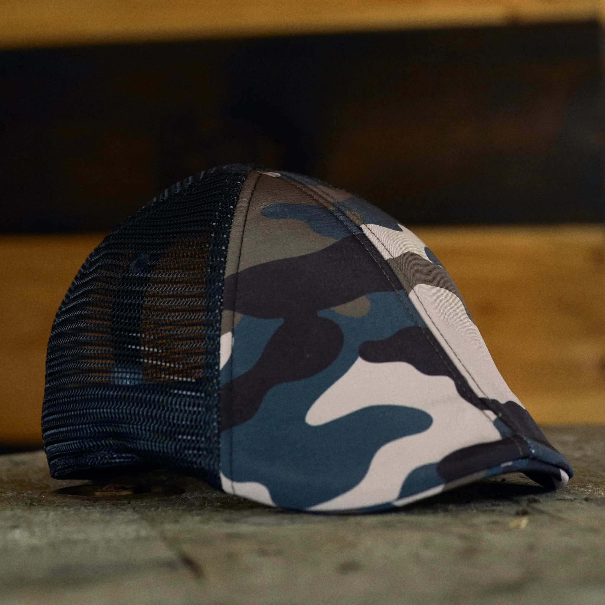 The Mesh Trucker Boston Scally Cap - Camo with Black - Image 10