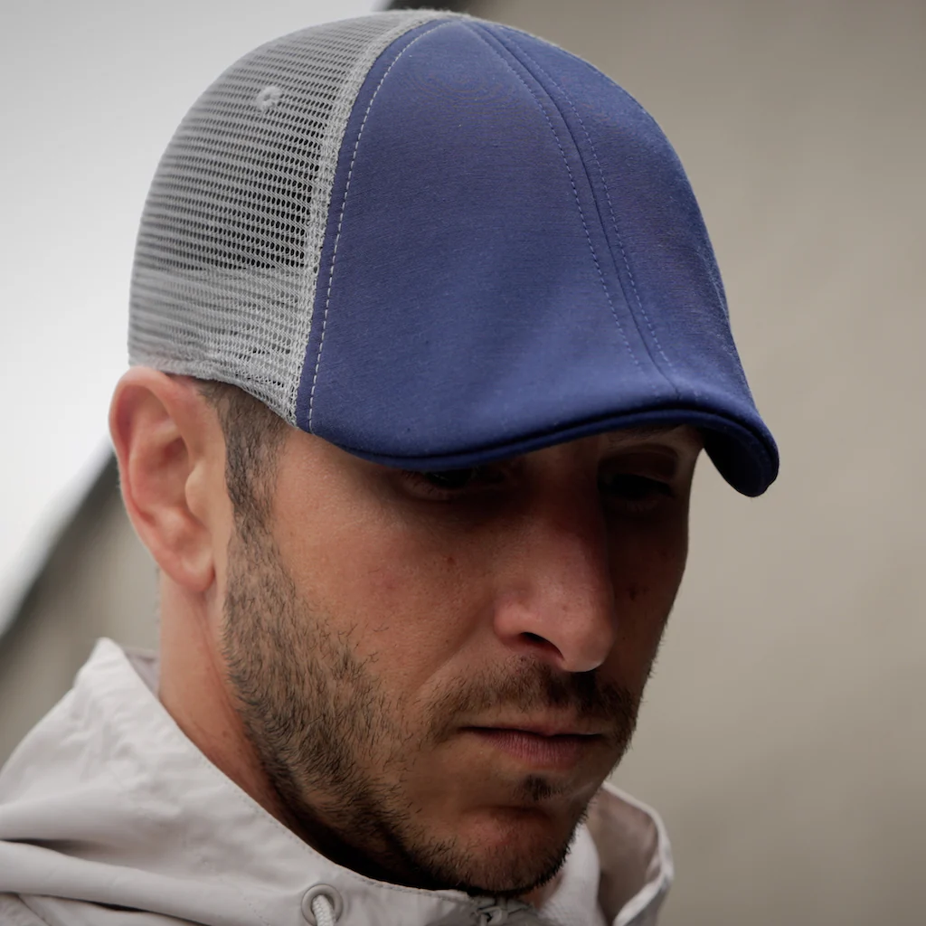 The Mesh Trucker Boston Scally Cap - Navy with Grey - Image 8